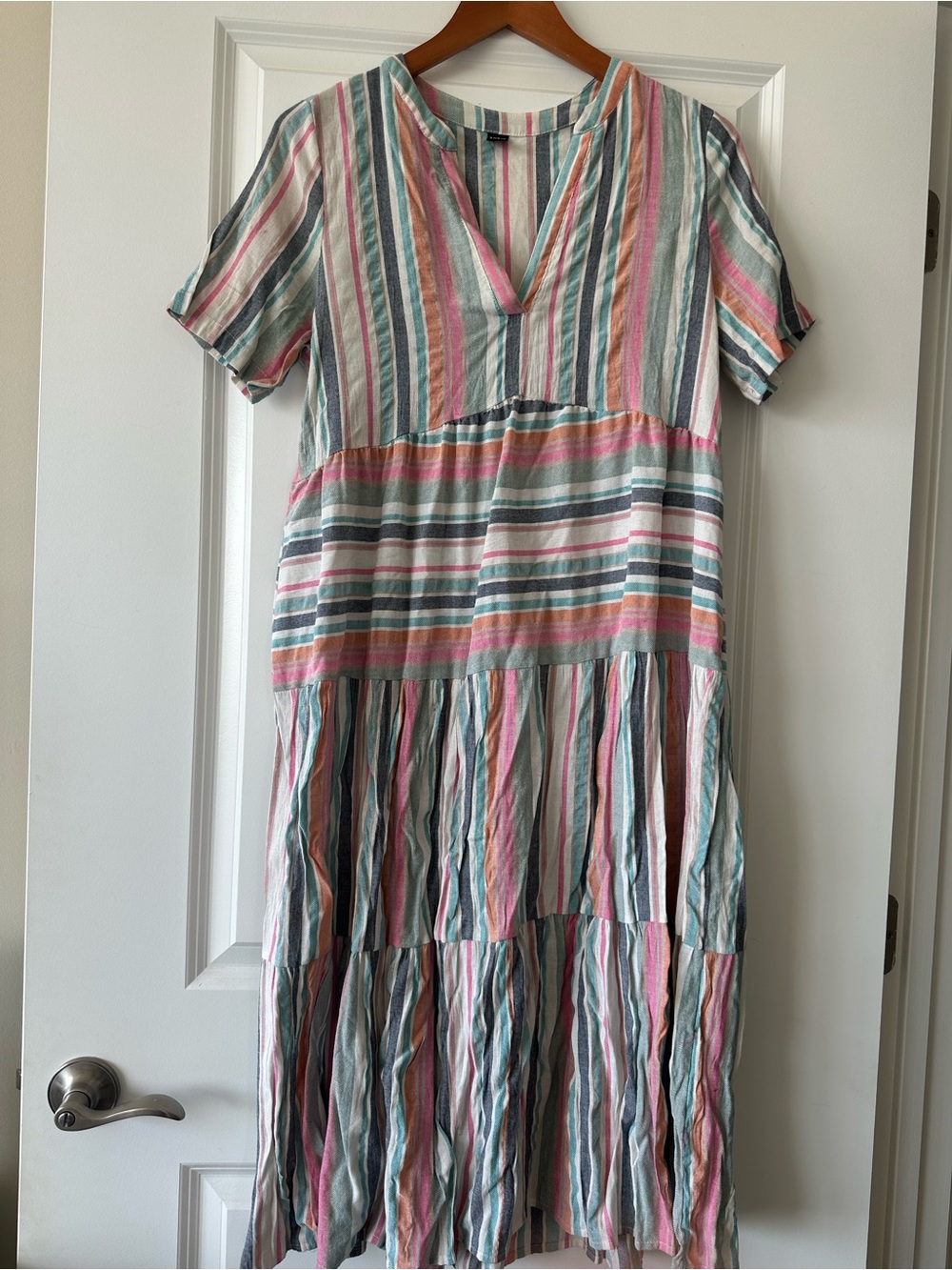 SHEIN Pink, Green & Cream Striped Tiered Maxi Dress
